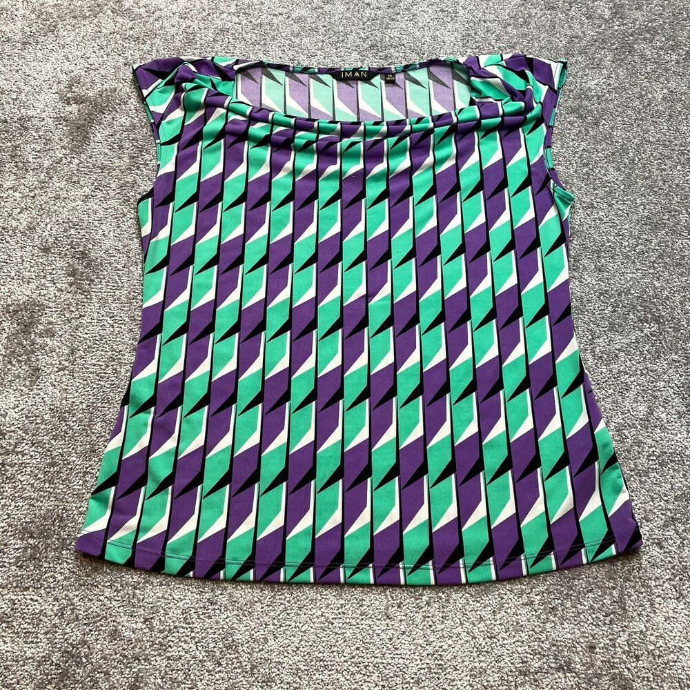 Iman Tank Top Blouse Womens Medium Green Purple Geo Stretch Sleeveless Ladies